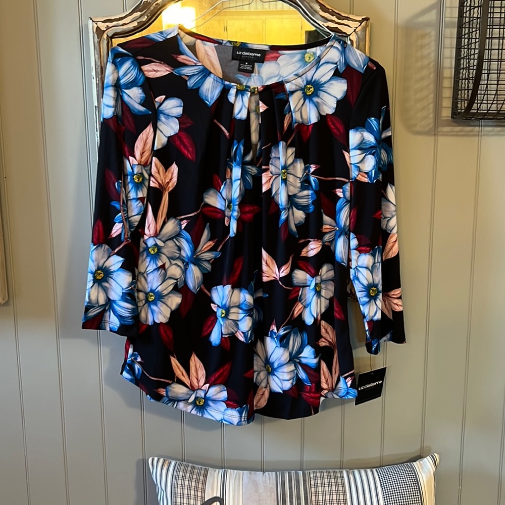 Liz Claiborne Black Floral Tie-Neck Blouse with Blue & Red Flowers